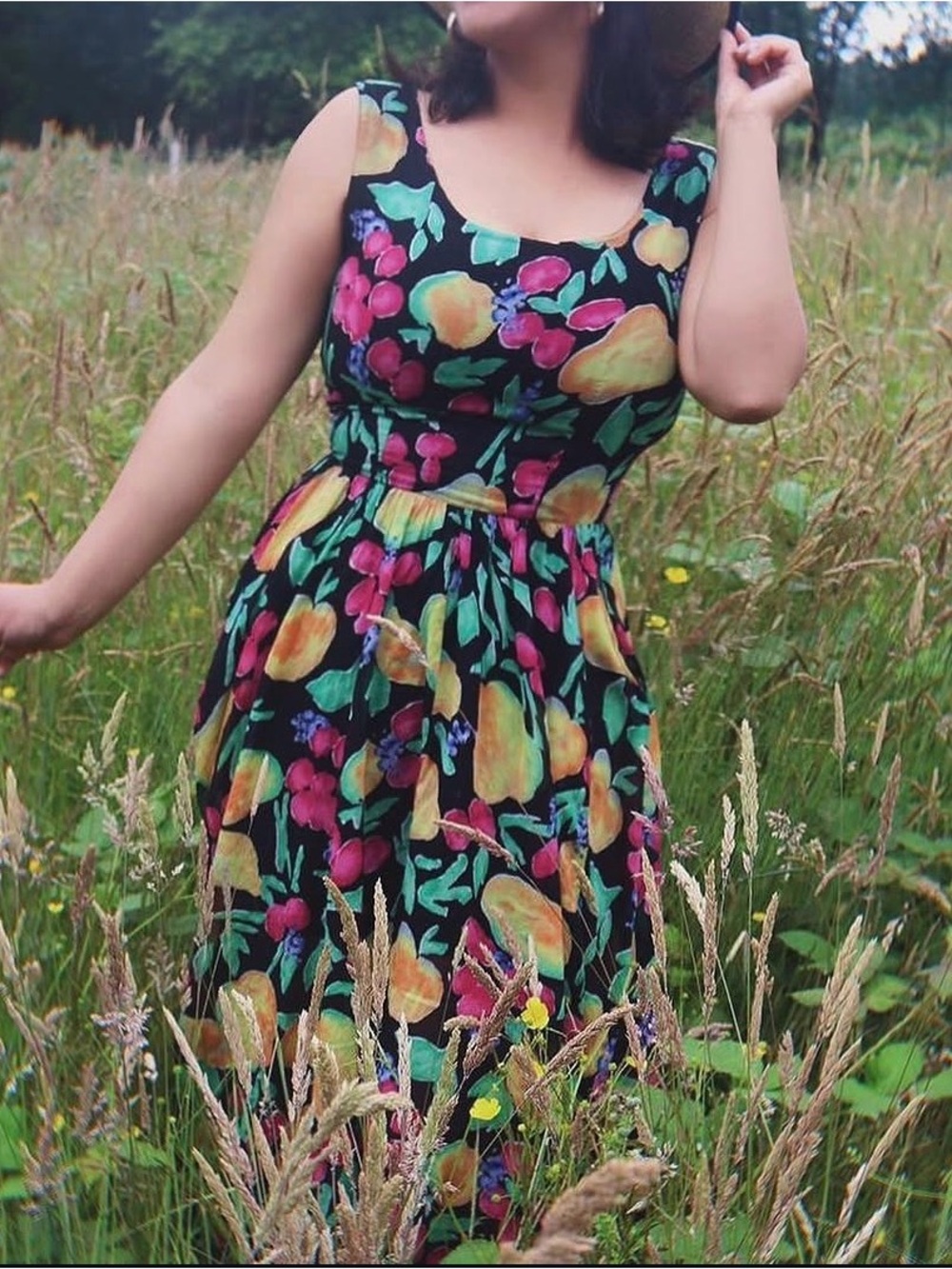 Vintage 90s Esprit Black Midi Dress with Multicolor Fruit and Floral Print - Picture 6 of 6